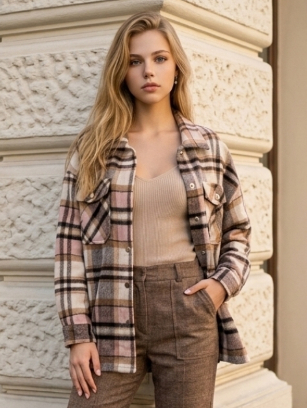 Women's Pastel Plaid Flannel Shacket Jacket Size Large New Without Tags